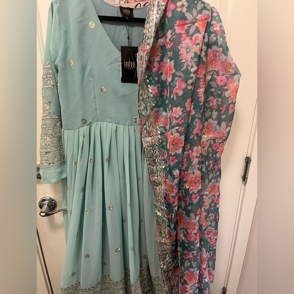 House of Indya Blue Anarkali Dress Floral Dupatta xl frock gown - Picture 10 of 14